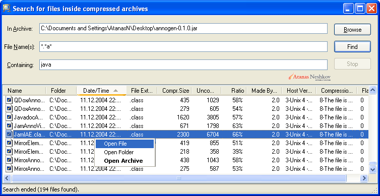 Search for files inside compressed archives - DJ Java Decompiler tool