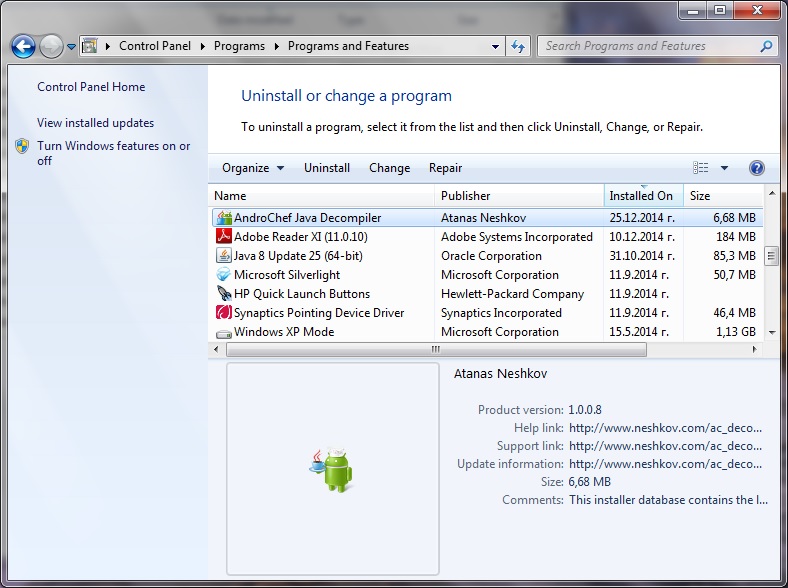 Uninstall AndroChef Java Decompiler from Control Panel